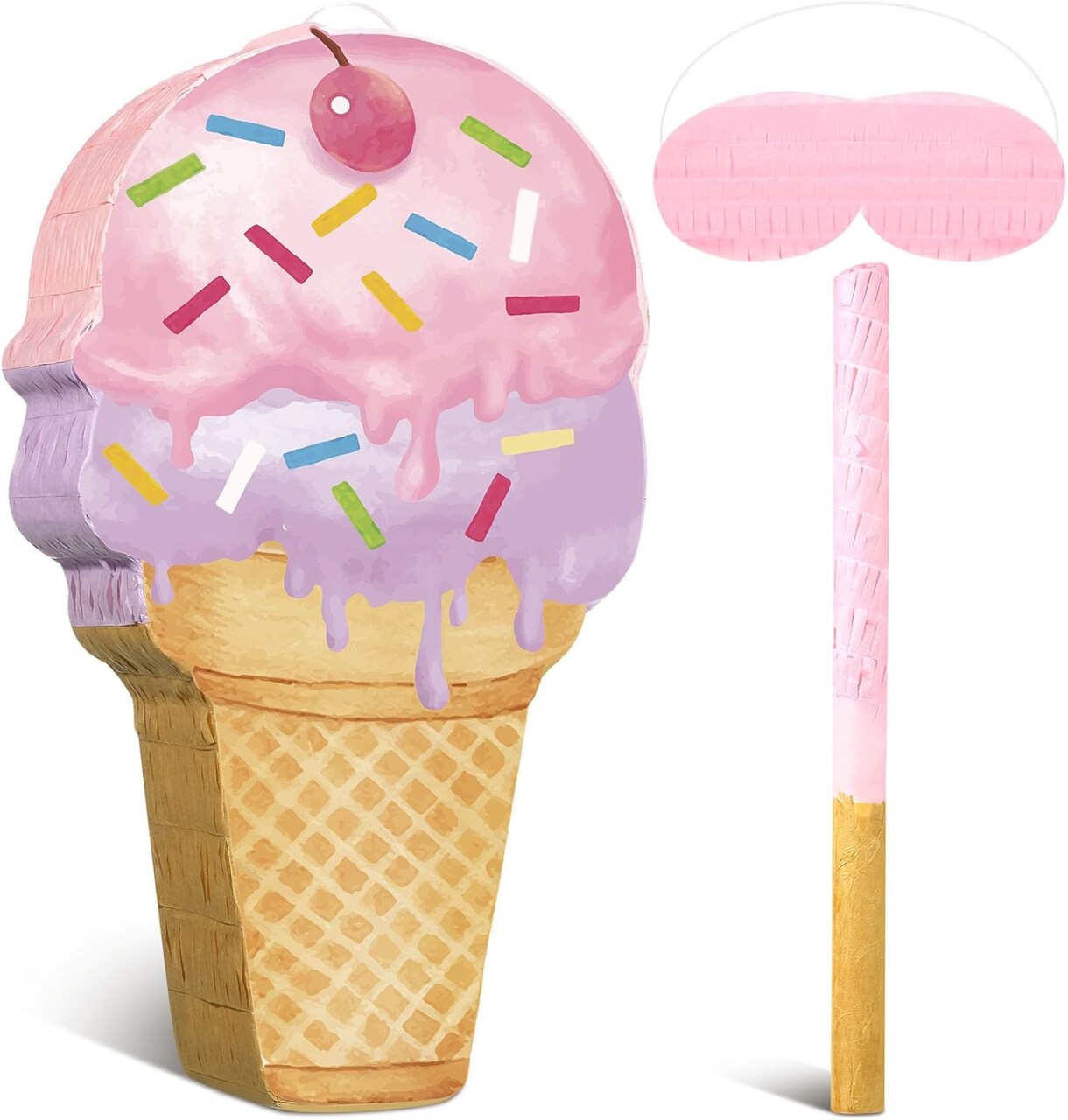 Pink Ice Cream Piñata Cute Dessert Cone Shaped Piñata with Stick Blindfold for Ice Cream Candy Birthday Party Summer Baby Shower Wedding Party Supplies Decor,